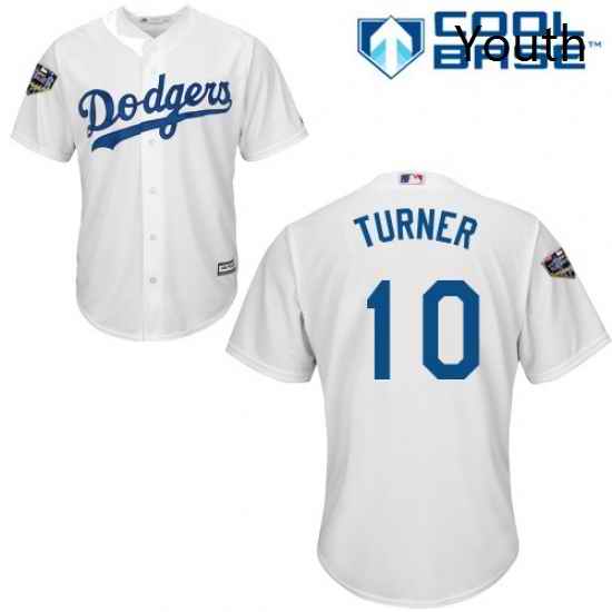 Youth Majestic Los Angeles Dodgers 10 Justin Turner Authentic White Home Cool Base 2018 World Series MLB Jersey